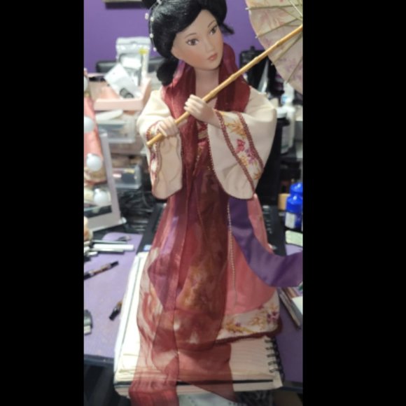 18" Tall Porcelain China Doll With Umbrella - Picture 2 of 9